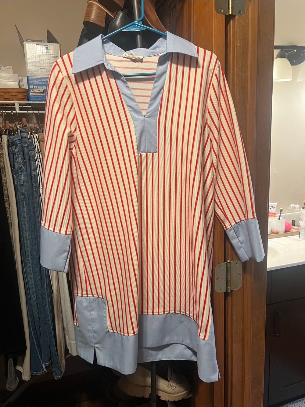 Entro Striped Collared Dress Red Cream Blue